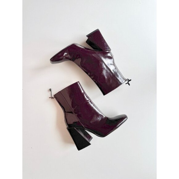 NWOT ZARA Dark Burgundy Patent Faux Leather Block Heel Ankle Boots, Size 40 - Picture 1 of 14